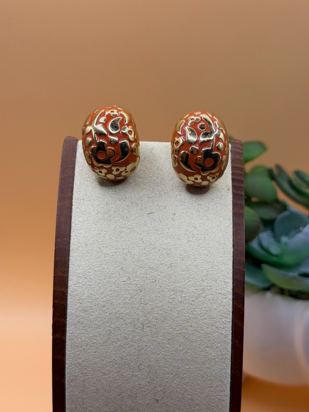 Gold and Orange Floral Dome Clip-On Earrings vintage
